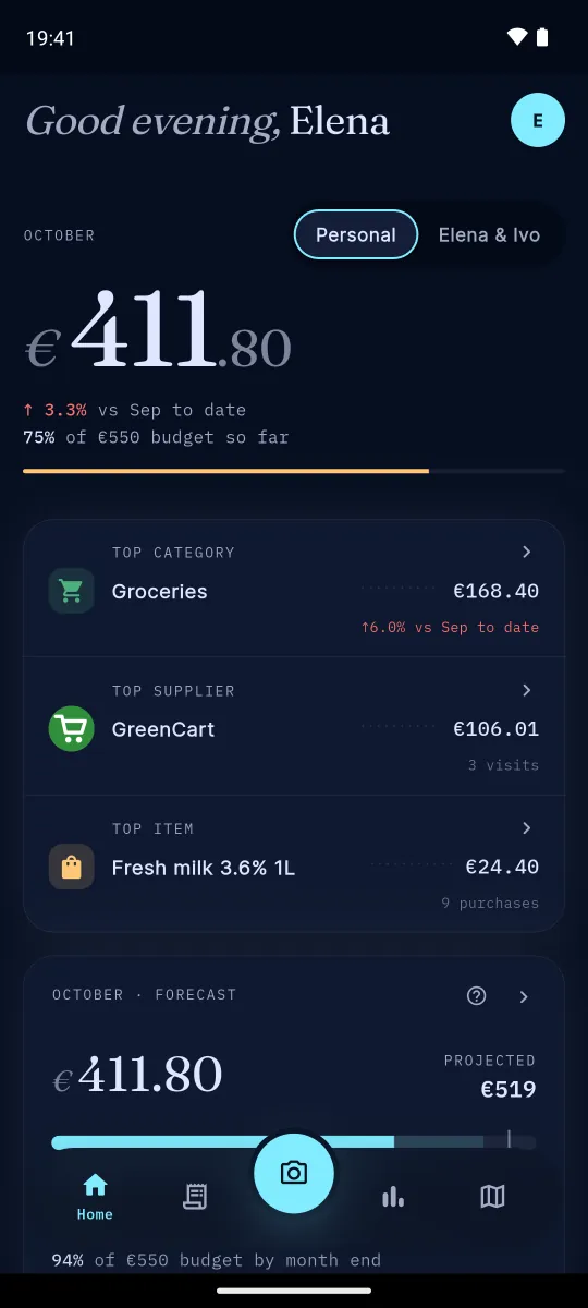HouseTally home screen with the month’s spending and the latest receipts