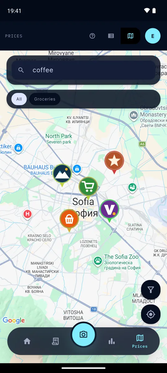 Map with price pins for one product across shops
