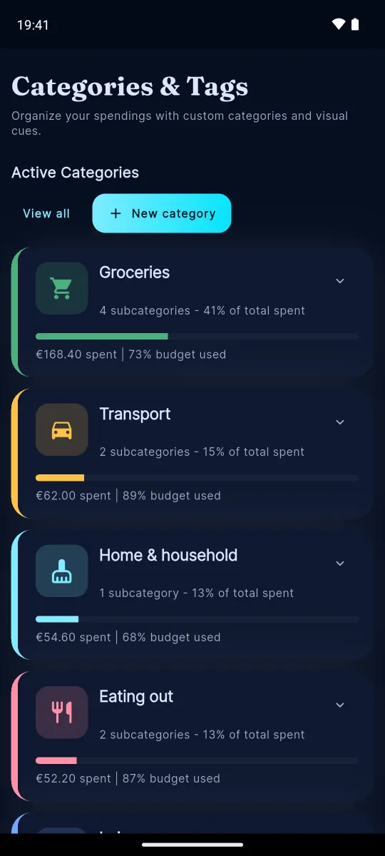 Categories screen with colour-coded categories and their icons