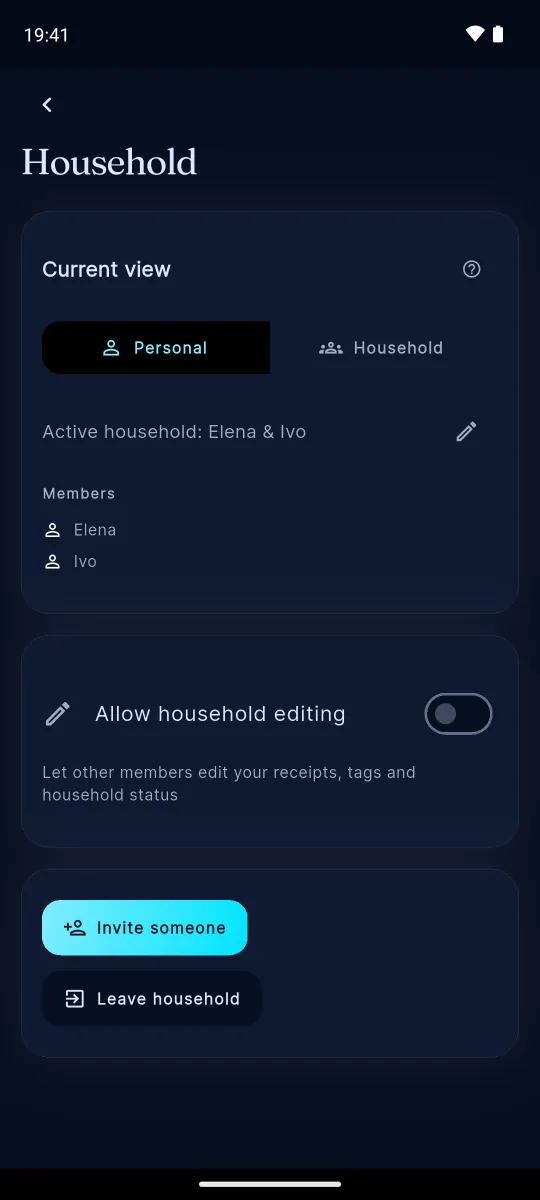 Household screen with the members and the invite option