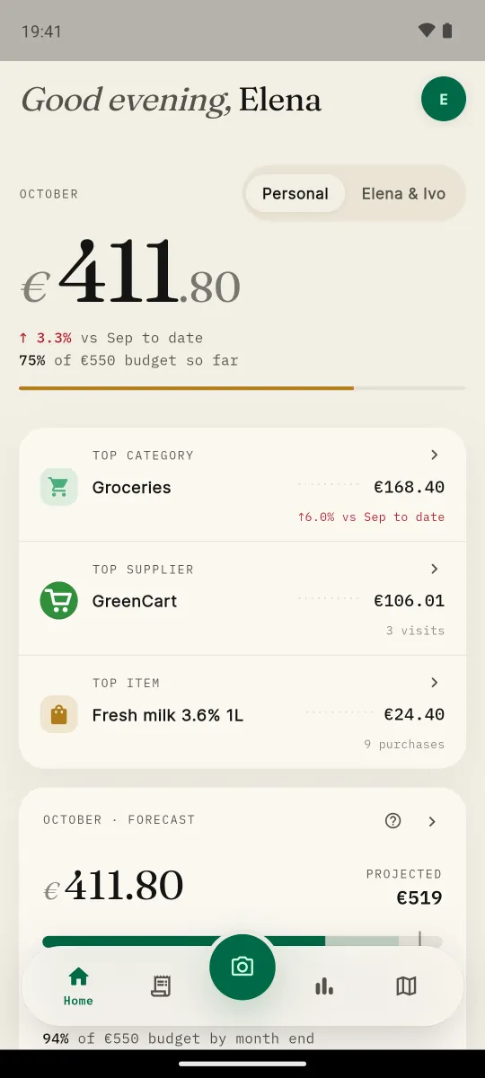 HouseTally home screen with the month’s spending and the latest receipts