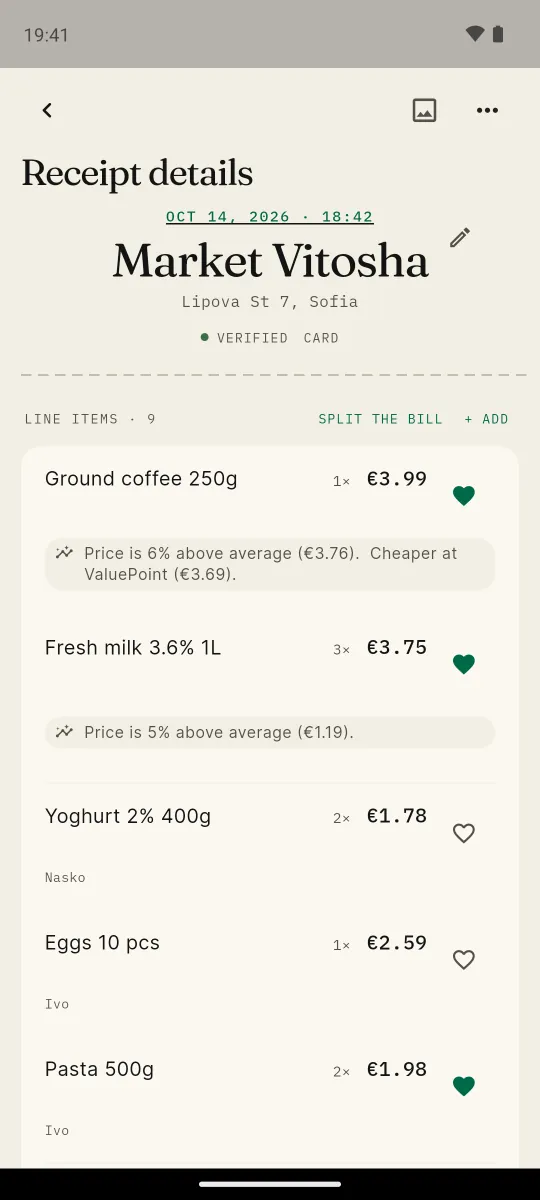 Receipt details with a price note under each line, such as price is 6% above average and cheaper at another shop